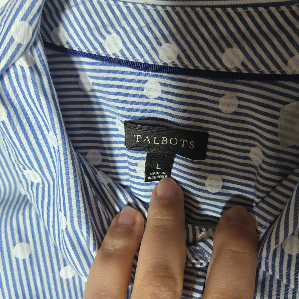 Talbots Women Blue Striped Polka Dot Button Front Long Sleeve Shirt Large Career - Picture 4 of 7